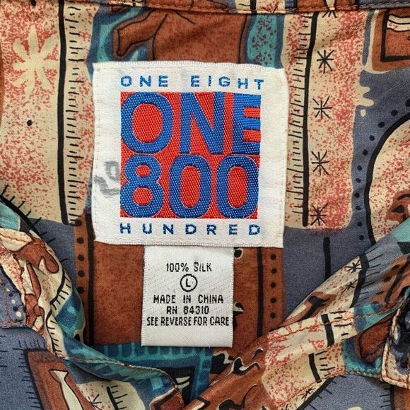 Vintage One Eight Hundred Shirt Aqua Blue Native Art Printed Short Sleeve Silk - Picture 6 of 8